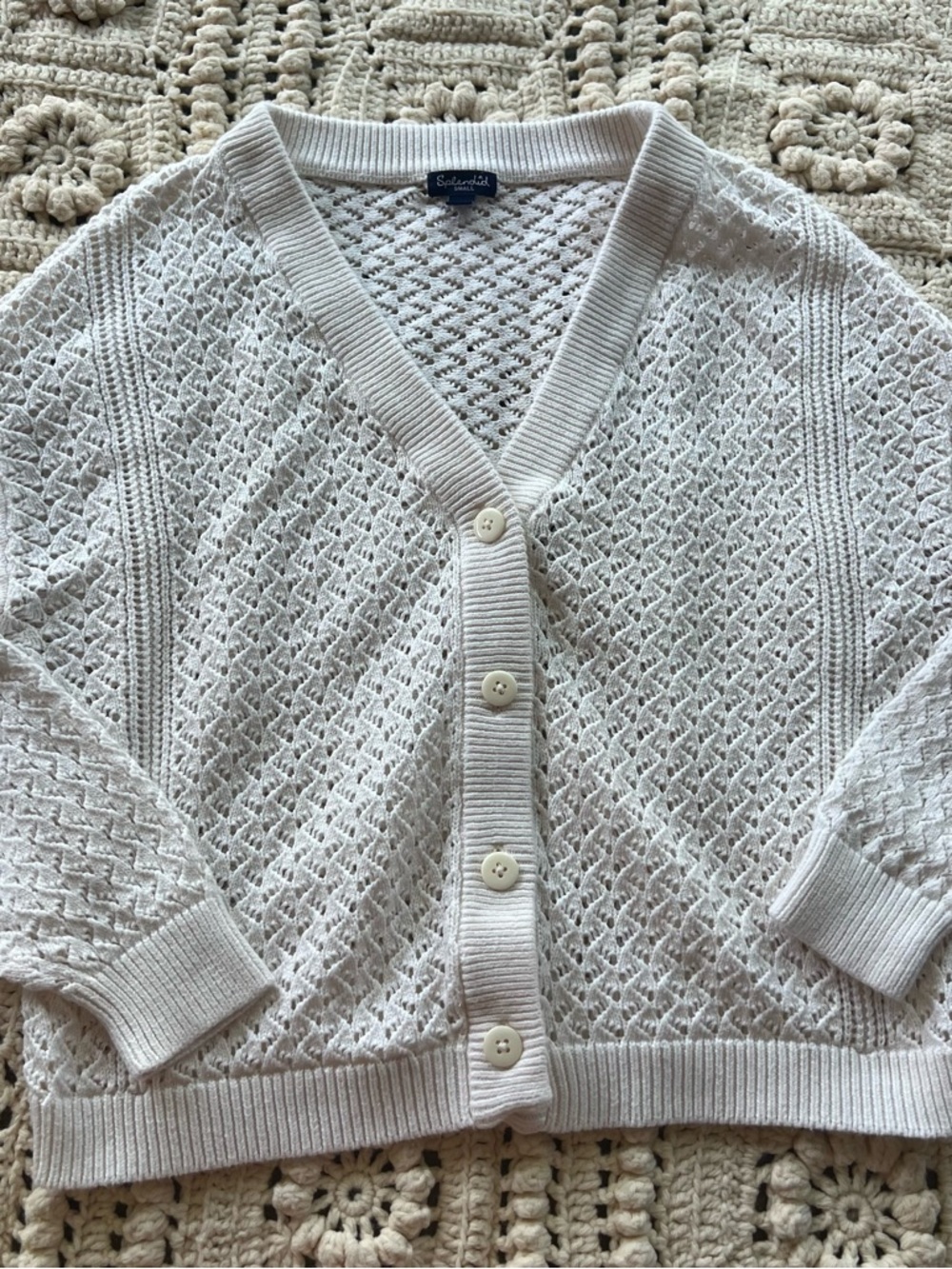 Splendid Cream Open-Knit V-Neck Button Cardigan